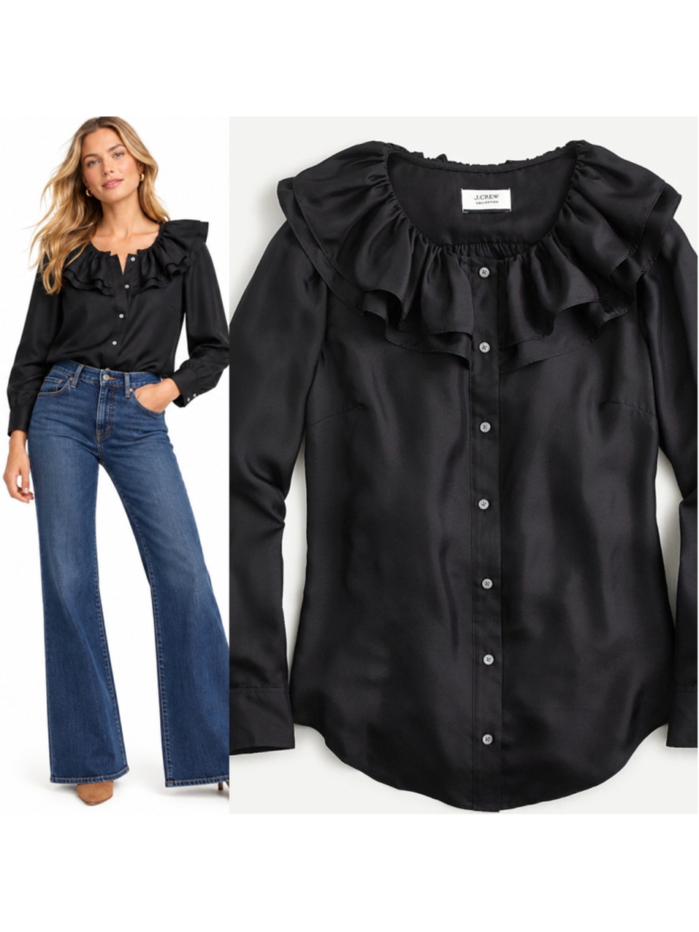 J. Crew Collection Black Minimalist 100% Silk Ruffle Collar Blouse Top S